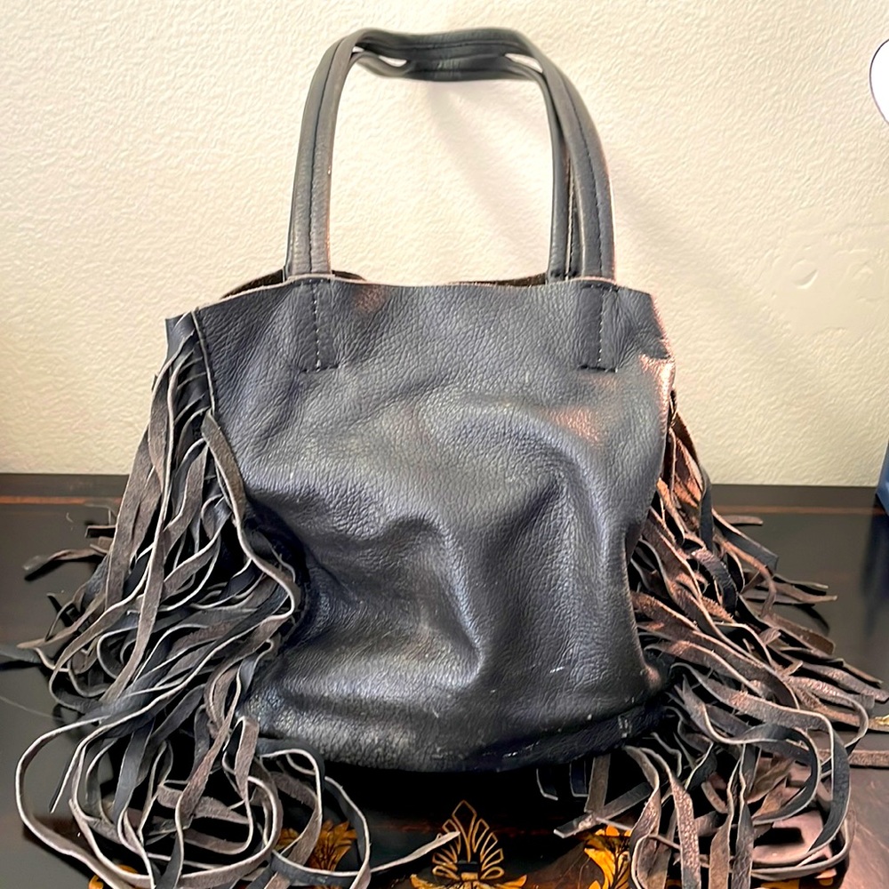 Cleobella Distressed Leather Dark Brown Bag with Fringe.